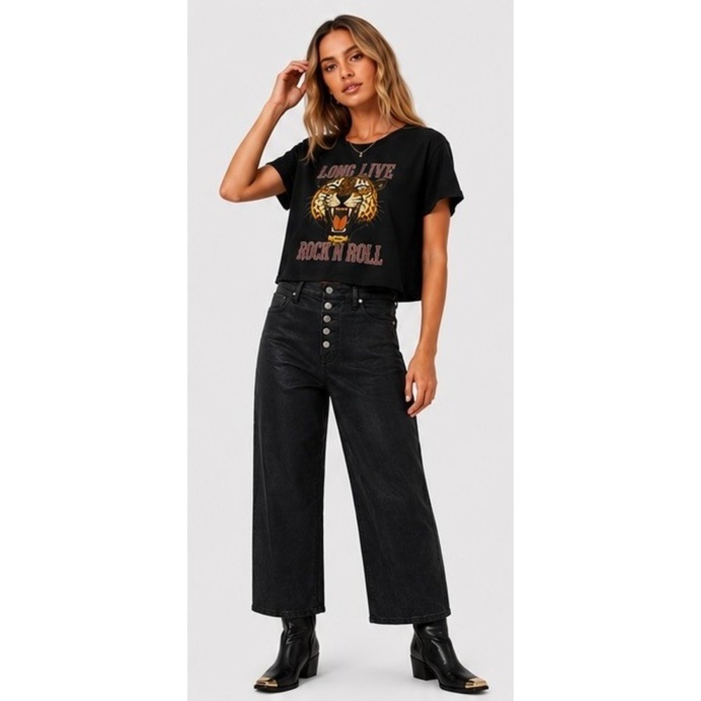 Fidelity Malibu Coated Black Jeans Wide Leg Button Fly Anthropologie Women's 26